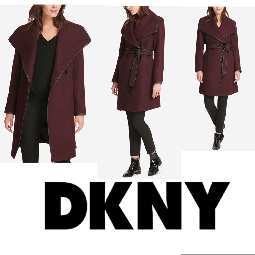 DKNY Faux-Leather-Trim Wrap Coat 🧥 in Bordeaux - Picture 9 of 17